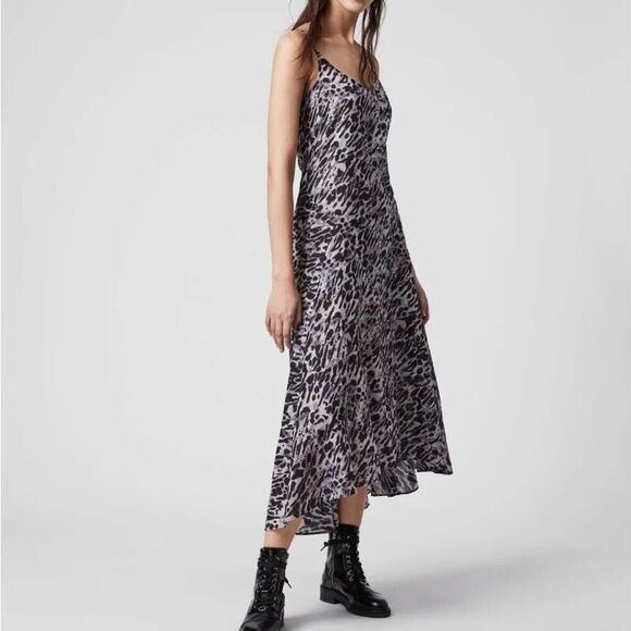 Allsaints Essie Ambient Midi Dress Women’s M Animal Print Asymmetrical Grunge - Picture 1 of 10